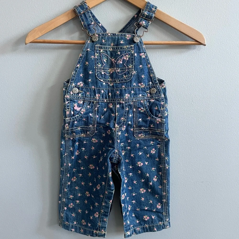 OshKosh B’Gosh Girls Floral Denim Overalls Size 9 Mo. Spring Vestbak Butterfly